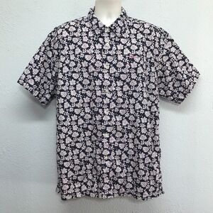 VTG Tommy Jeans Button Shirt Mens L Navy Blue Beige Floral Short Sleeve Cotton